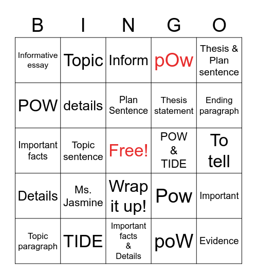 Informative Essay Bingo Card