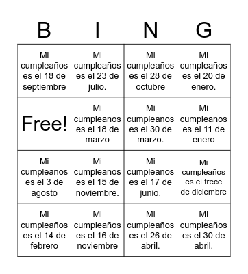 ¿Cuándo es tu cumpleaños? Bingo Card