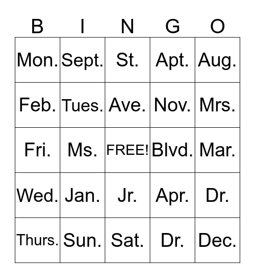 ABBREVIATIONS Bingo Card