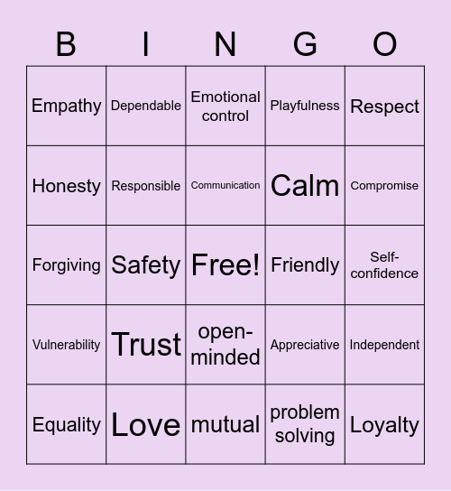 Positive Relationships Bingo Card