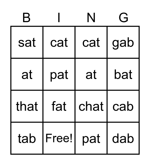 AT Word Family Bingo Card