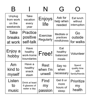 Work-Life Balance Bingo Card