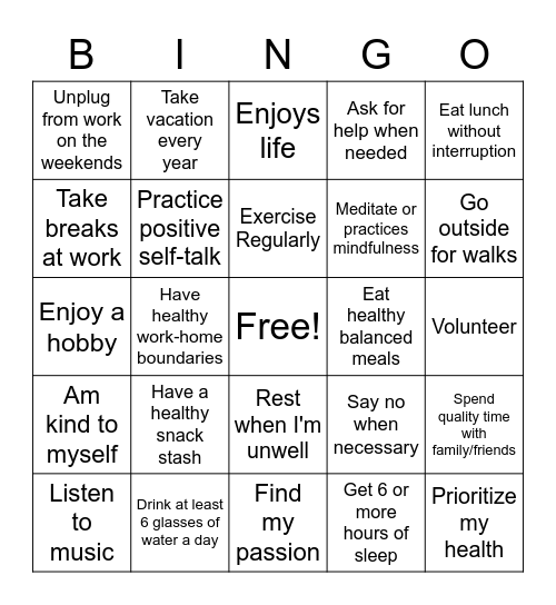 Work-Life Balance Bingo Card