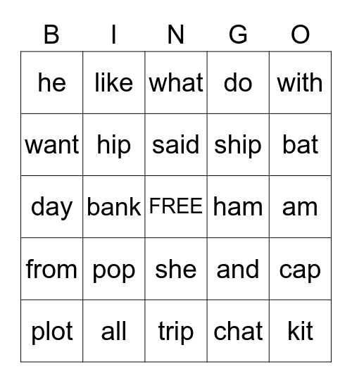 Sight Word Bingo Card