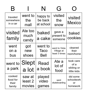 What did you do over break? Bingo Card