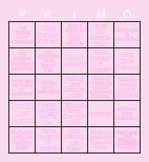 Genshin 3.4 bingo Card