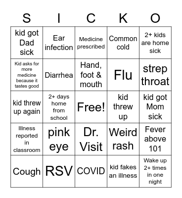 sick child bingo Card