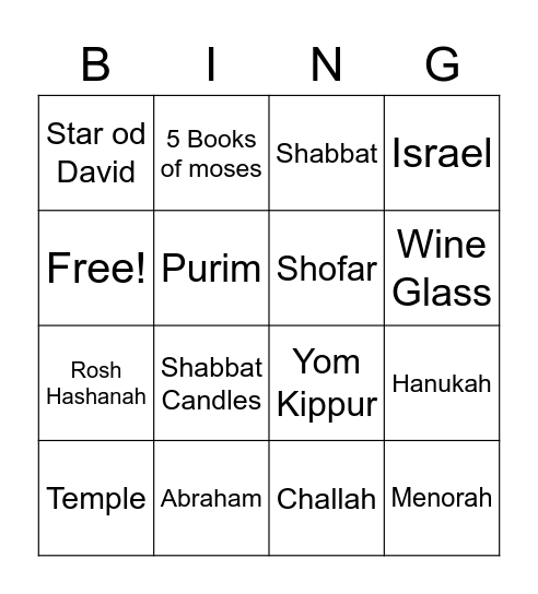 jewish Bing Bingo Card