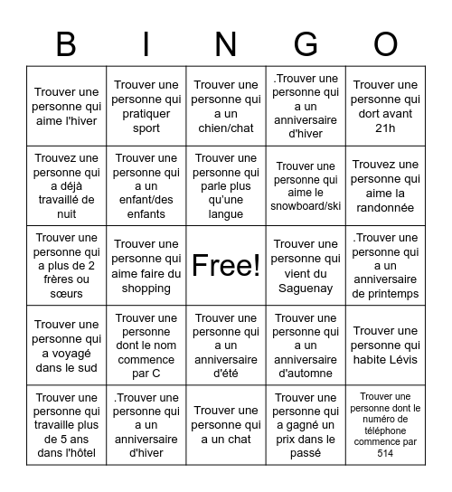 Le jeu de Bingo! Bingo Card