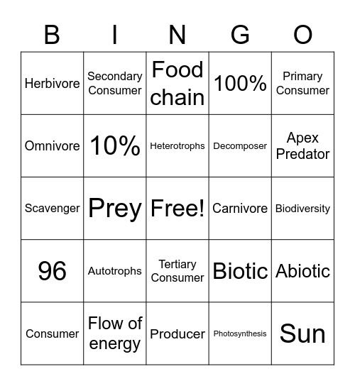 Food Chains/Energy Pyramids Bingo Card