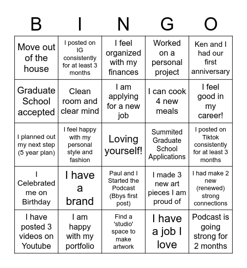 2023 Big Plans Bingo Card