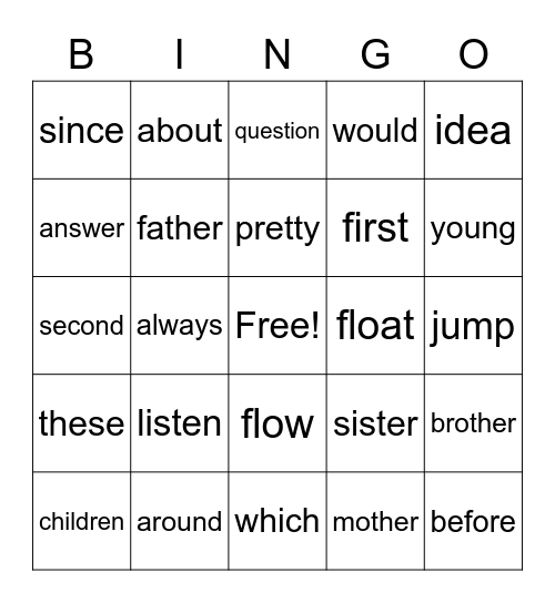 2nd grade sight words Bingo Card