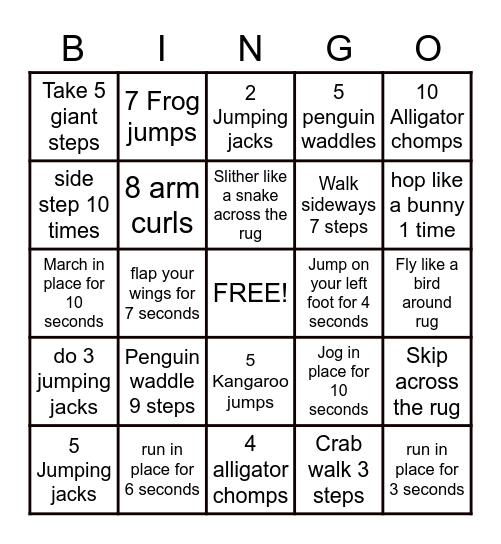 Exercise Bingo Card