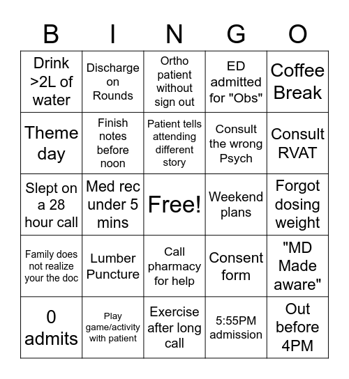 Intern Bingo Card