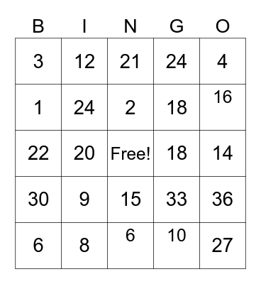 2 and 3 Multiplication Facts Bingo Card