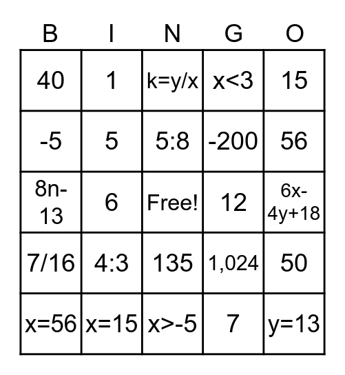 7th Grade Review Bingo Card