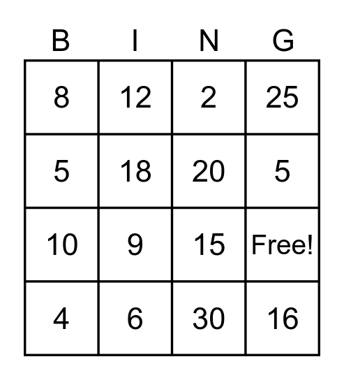 Multiplication Facts 1-6 Bingo Card