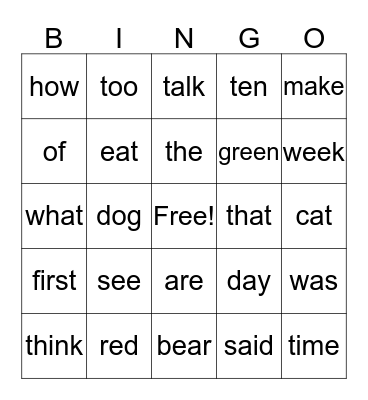 spelling Bingo Card