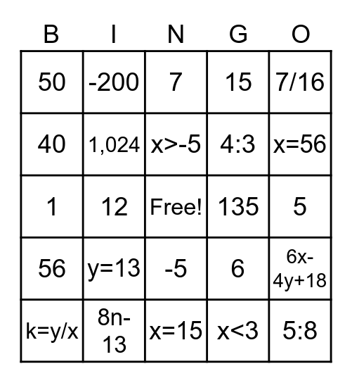 7th Grade Review Bingo Card