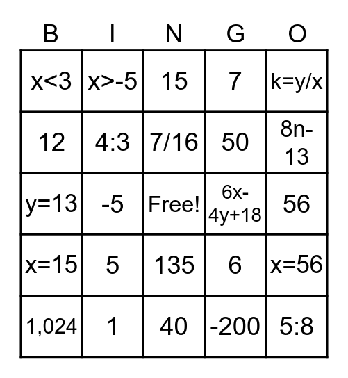 7th Grade Review Bingo Card