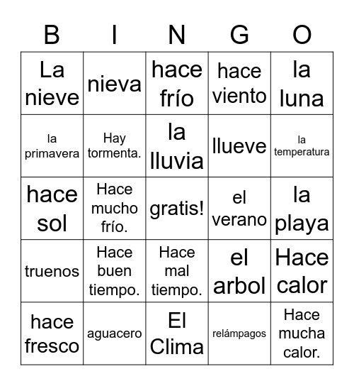 The Weather in Spanish Bingo Card