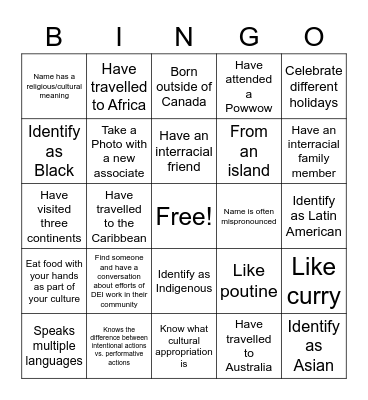 Cultural Diversity Bingo Card