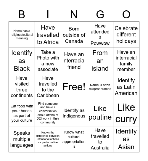 Cultural Diversity Bingo Card