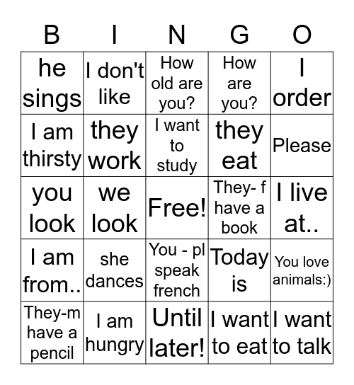 Er verbs Bingo Card