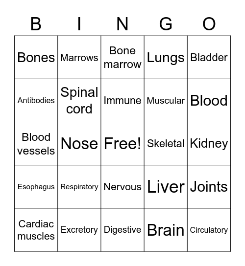 Body Systems & Structures Bingo Card
