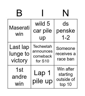 FE Pre Season Bingo Card