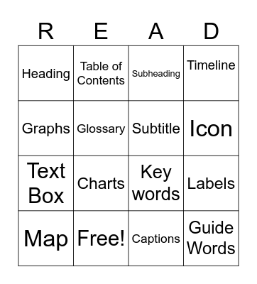 READ non fiction text features Bingo Card