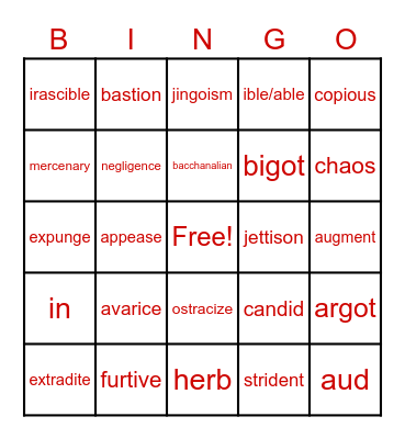 English vocab bingo Card