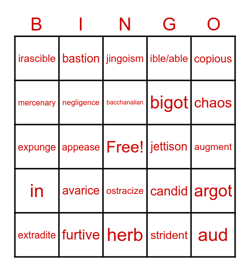 English vocab bingo Card