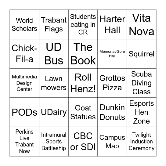 Touring University of Delaware Bingo Card