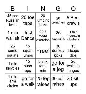 Fitness Bingo Card
