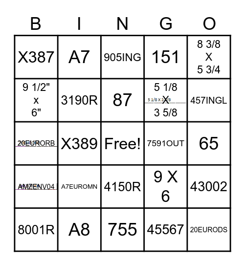 Envelope Chart Bingo Card