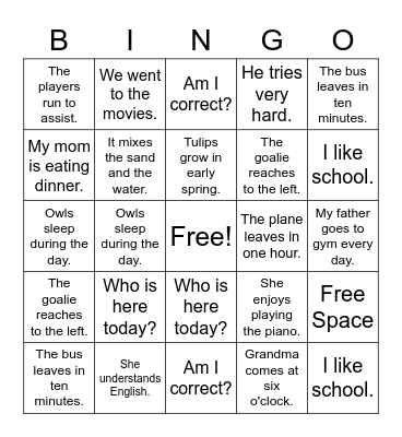 Present Tense Bingo! Bingo Card