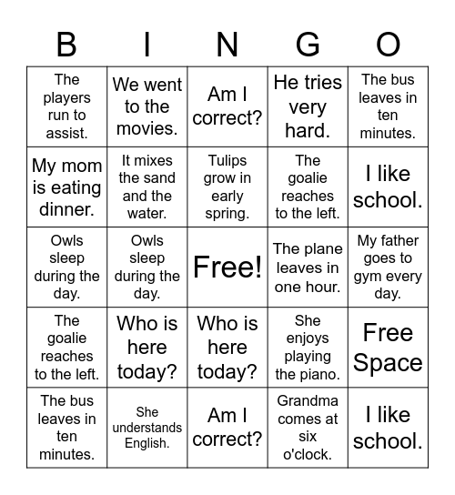 Present Tense Bingo! Bingo Card