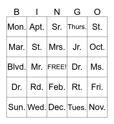 ABBREVIATIONS Bingo Card