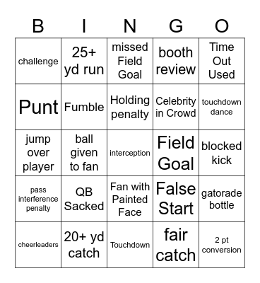 Super Bowl Bingo Card