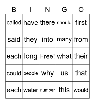 Sight Word Bingo Card