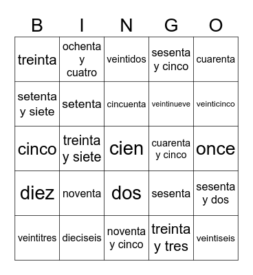 Números en Español Bingo Card