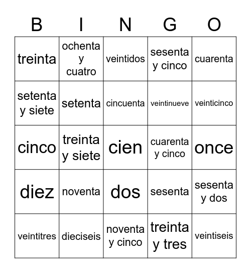 Números en Español Bingo Card