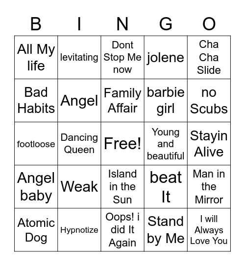 Musical Bingo Card