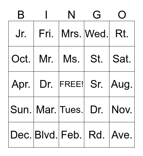 ABBREVIATIONS Bingo Card