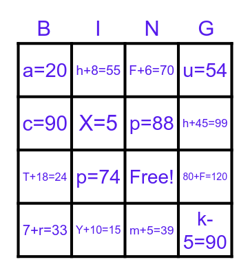 Addition and Subtraction One-Step Equations Bingo Card
