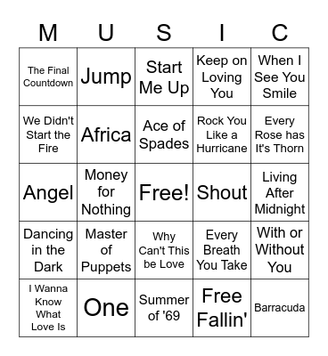 80's Rock N Roll Bingo Card
