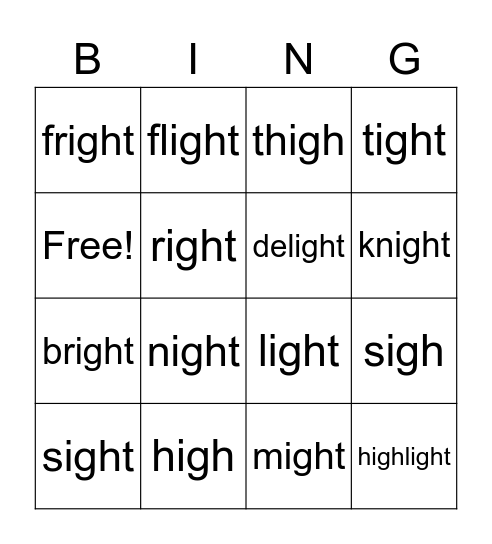 Long I, -igh Bingo Card