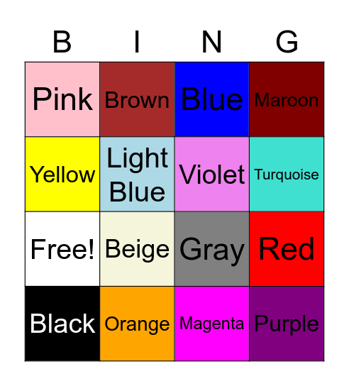 Colors Bingo Card