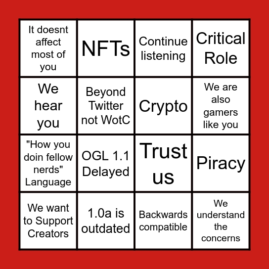 Watsy OGL Response Bingo Card